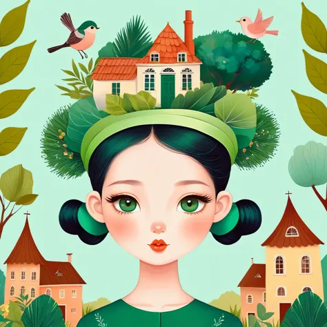 flat，vector，a beautiful girl with green eyes，wearing an elegant headband，hair decorated with elements of nature and houses，carry...