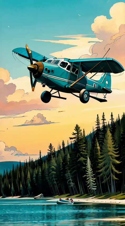 The float plane lands in the wilderness