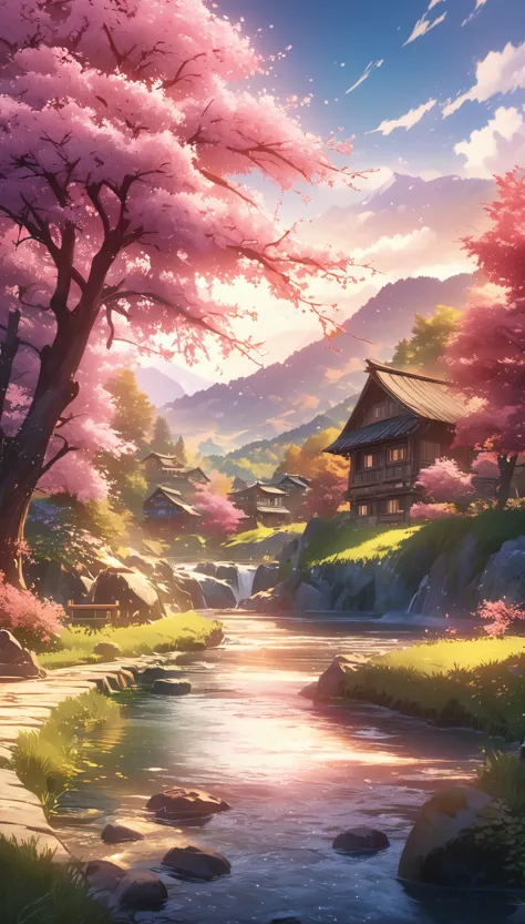 draw a river and a small village, anime beautiful peaceful scene, very beautiful scenery, landscape artwork, landscape art detai...