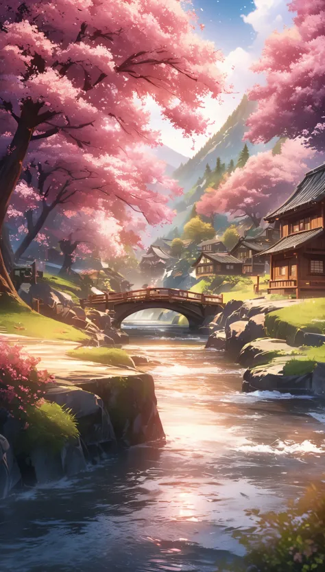 Draw a river and a small village, Anime beautiful peaceful scene, very beautiful scenery, landscape artwork, landscape art details, Very beautiful digital art, beauty of natural landscape, Beautiful art ultra hd 4k, very beautiful photos, beautiful nature,...