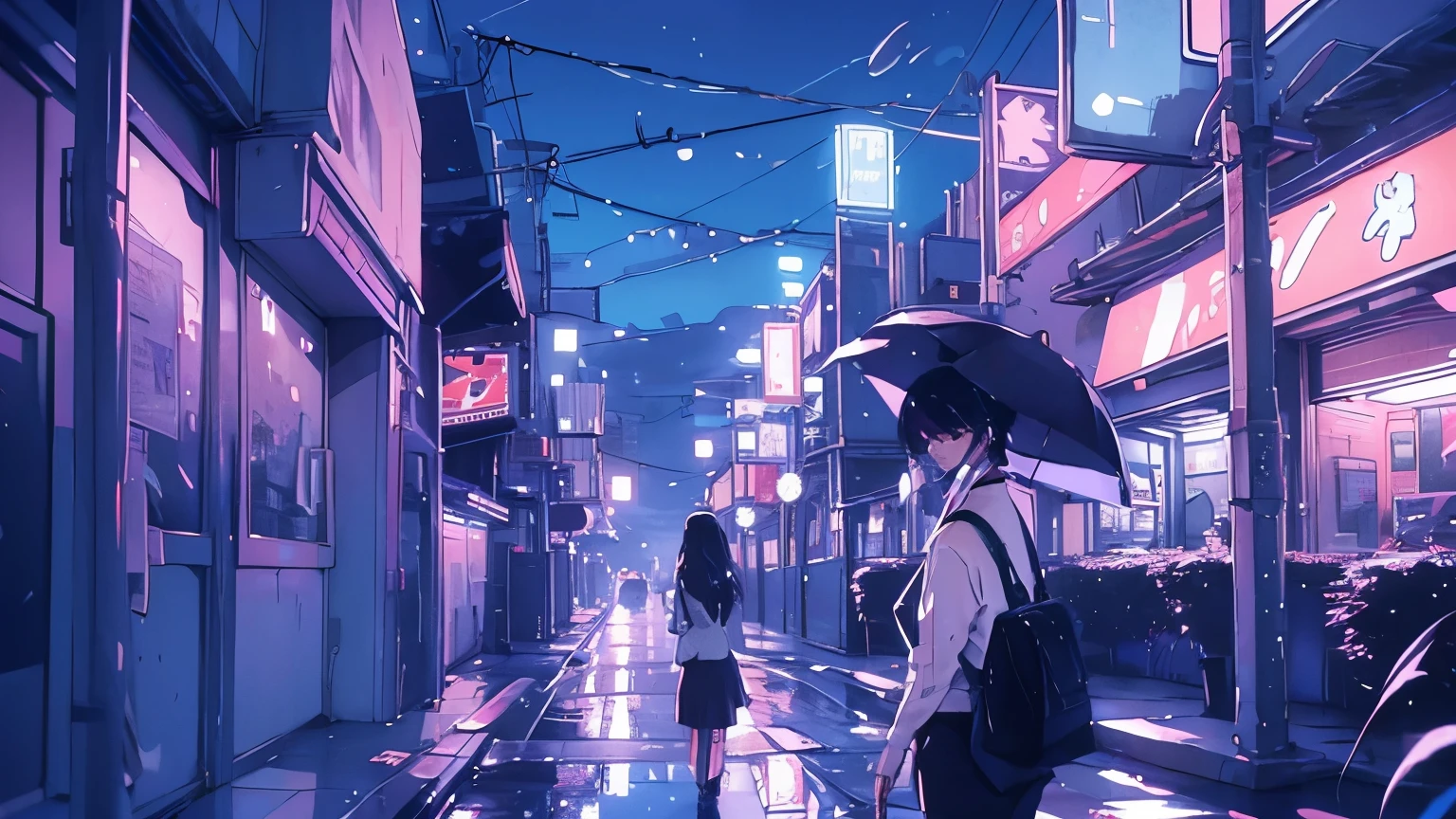 A chuva cai em lençóis, refletindo as luzes de néon das ruas da cidade enquanto uma mulher solitária caminha com seu guarda-chuva.