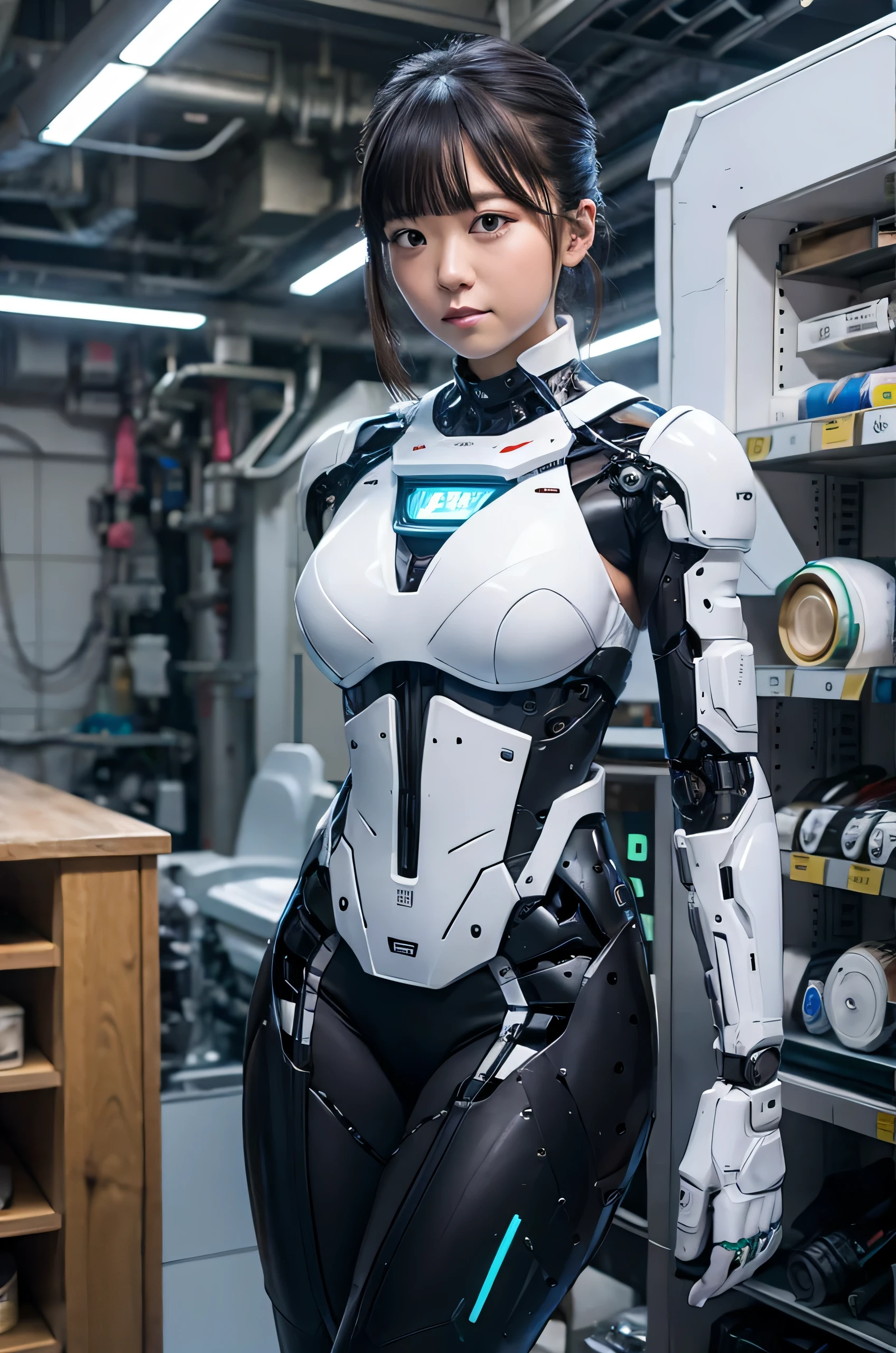 masterpiece, Best Quality, Extremely detailed, 8K Portrait,Japanese android girl,Plump ,control panels,android,Droid,Mechanical Hand, ,Robot arms and legs, Black hair,Mechanical body,Blunt bangs,Charging spot,She is charging now, mechanical ear covers,android,robot humanoid,The laboratory of the future,android factory,mechanical ear cover,business suits,darkblack tights