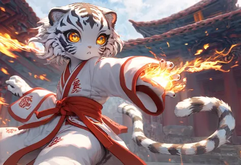 #quality(8k,best quality,masterpiece,cinematic),#1 girl(white tiger,cute,kawaii,kung-fu uniform ,eye color red,big eyes,eyes bur...