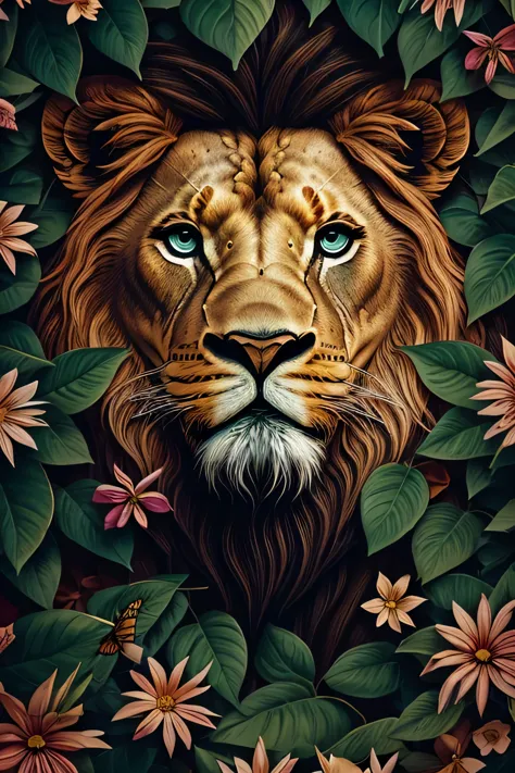 contemporary art collage, lion head,front，With flowers and leaves, some smart insects, painted, super detailed, full color, brig...