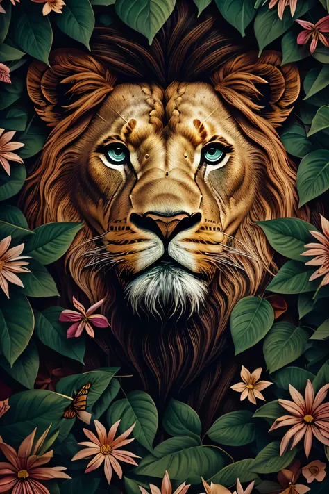 contemporary art collage, lion head,front，with flowers and leaves, some smart insects, painted, super detailed, full color, brig...