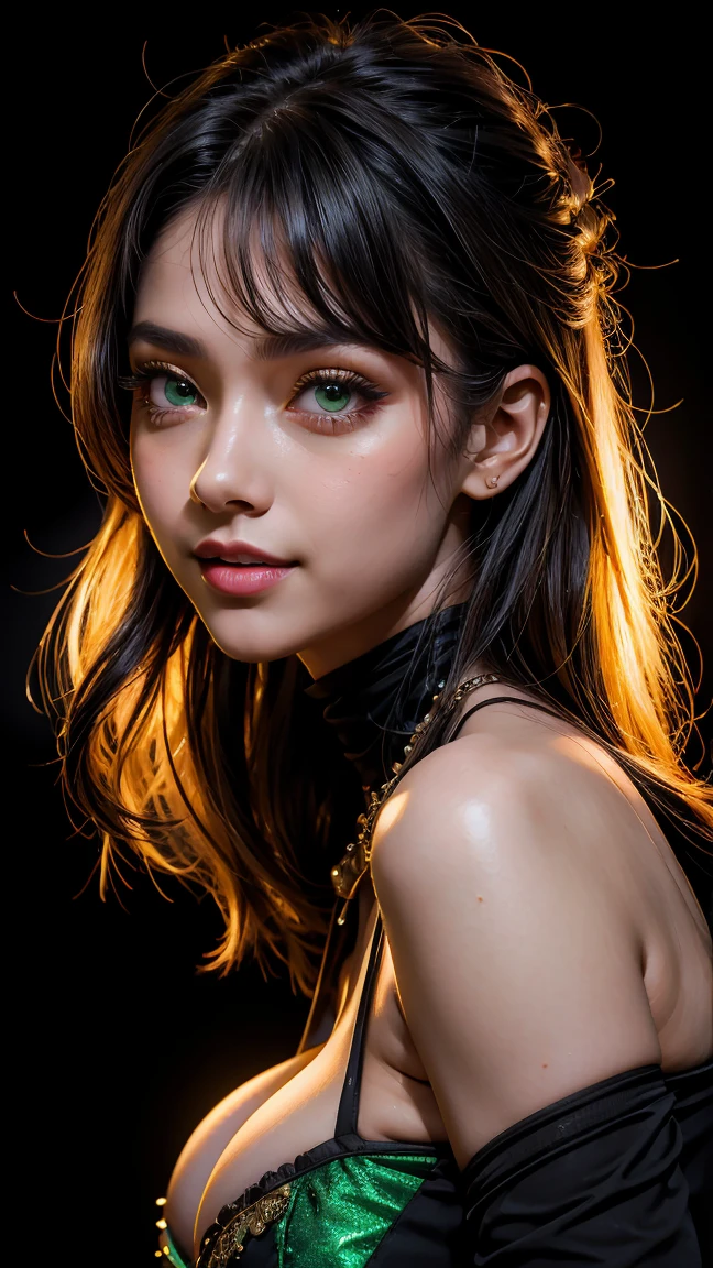 vector image, vibrant colours, smooth gradation, best quality, masterpiece, absurdres, ((isolated)), (pitch black background), (detailed face and eyes:1.2), sweet smile, detailed beautiful eyes, eyelashes, glossy full lips, sensual, volumetric lights, medium shot, half body shot, busty, full cleavage, deep cleavage, curvaceous, Unimaginably beautiful girl, enchanting, glistening skin, burst out breast, tinted green and golden back lights, smoky big eyes, ((13yo))