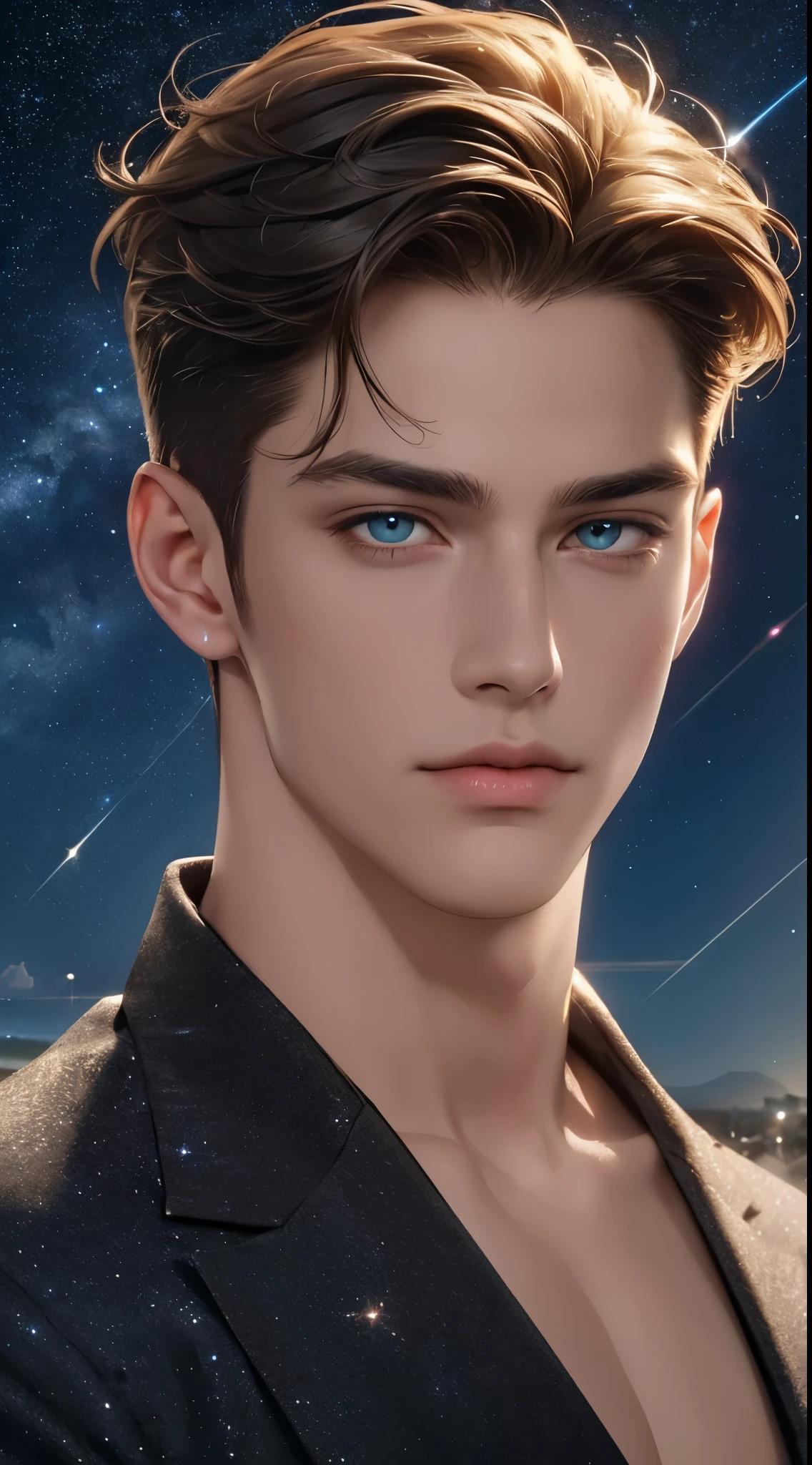 4K, High resolution, best quality, masterpiece, perfect color, perfect shade, perfect lighting, Posted by：e621, ((portrait)), ((handsome man)), perfect male figure, Short hair details，Detailed face, perfect face, (stand up), Detailed background, ((Bonifasco Lighting)), (exquisite eyes),((Hair like stars，sparkling)),starry sky,sea，beach