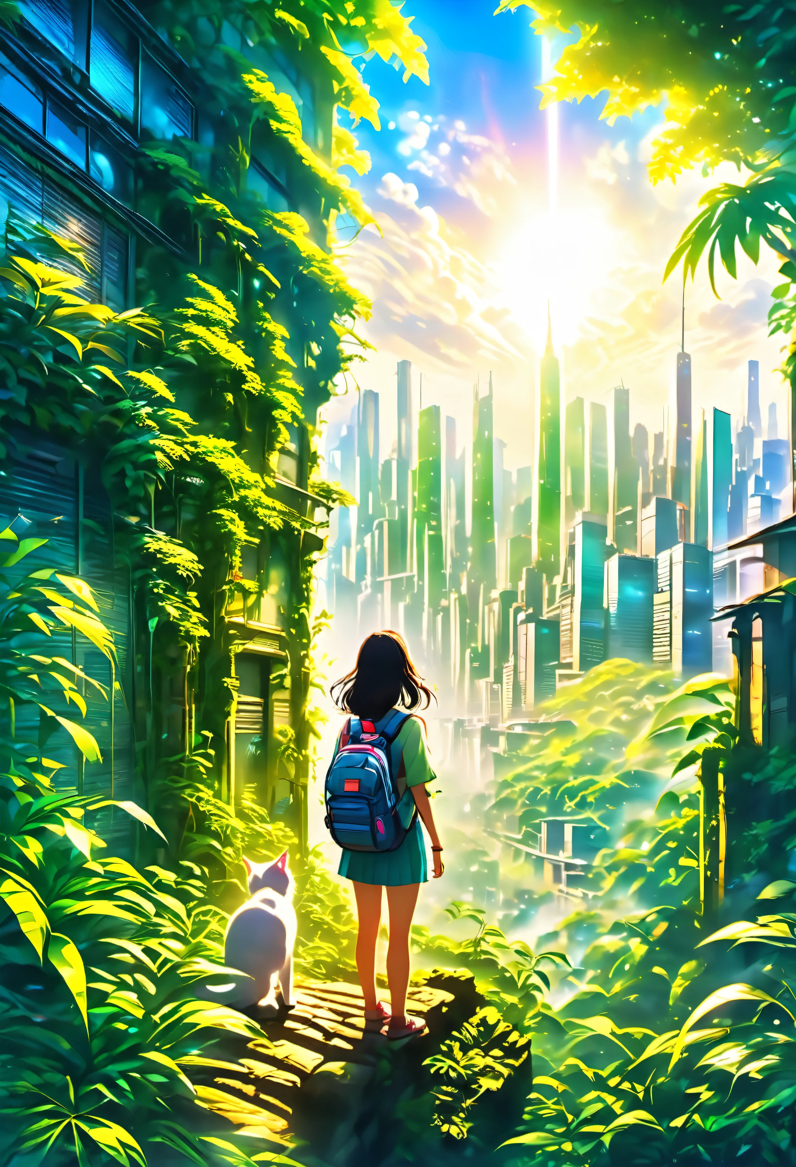 (8K、RAW-Foto、höchste Qualität、Nachschlagen:1.2、Meisterwerk:1.2、Echtistic、ultrahohe Auflösung、Hoher Kontrast、Photonenmapping、Echt、Super detailliert、offizielle Kunst, RAW-Foto、professional Lichting、 Licht、Lebendige Atmosphäre、twiceLicht)

Diese Anime-Szene、Mit der Atmosphäre eines Werks unter der Regie von Makoto Shinkai,、Drückt eine postapokalyptische Weltanschauung aus。Ein Mädchen mit Rucksack blickt vom Wald aus auf die Skyline der Stadt、Es erinnert an emotionale Szenen wie Makoto Shinkai&#39;s Werke.。

High-rise buildings in the city are covered with trees from the walls Und windows々springt heraus、Das Gebäude ist bedeckt wie ein üppiger Dschungel.、It depicts a futuristic lUndscape where nature Und the city are fused.。A city bathed in bright sunlighuggests a bright Und hopeful future.。

Ein Mädchen versucht, ein Gebäude in der Stadt zu betreten、Es symbolisiert junge Menschen, die versuchen, in die Gesellschaft einzudringen.。Und、Die reinweiße Katze, die neben mir kuschelt、Als vertraute Präsenz、Das Mädchen beobachten&#39;s Reise。

Diese Szene ist、Im Stil von Regisseur Makoto Shinkai、Ich zeichne eine postapokalyptische Animation mit einer einzigartigen Weltanschauung.。
