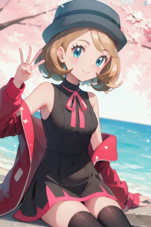 masterpiece, best quality, highres, serena \(pokemon\), short hair, blue eyes, 1girl, solo, blue ribbon, eyelashes, black thighhighs, neck ribbon, sleeveless, bangs, collarbone, bare arms, pink dress, red coat, pink headwear, outdoors, sitting, peace_sign,