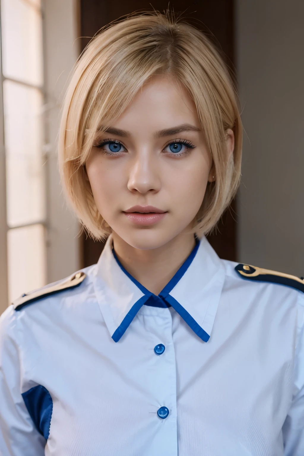 Blond woman in uniform posing for a picture in front of a window - SeaArt AI