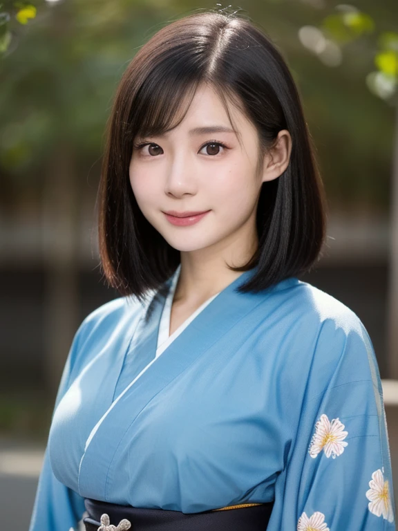 (kawaii 24 year-old Japanese girl, Nogizaka idol, Korean idol), (glossy black hair, medium bob cut:1.3), (extra rounded face, forehead, single eyelid, no makeup, soft smiling:1.2), (well shaped whitened teeth:0.7), (wearing light blue Kimono, Japanese traditional cloth, cute floral patterned:1.3), well shaped extra small breasts, (looking at viewer:1.2), BREAK, (simple outdoor background:1.3), (portrait, id photo, view from straight forward:1.3), BREAK, (masterpiece, best quality, photo realistic, official art:1.4), (UHD, 8K quality wallpaper, high resolution, raw photo, film grain:1.2), (shiny skin), professional lighting, physically based rendering, award winning, (perfect anatomy, highly detailed skin, extremely detailed face and eyes, well drawn glittering pupils), Carl Zeiss 85 mm F/1.4, depth of field, 1girl, solo,