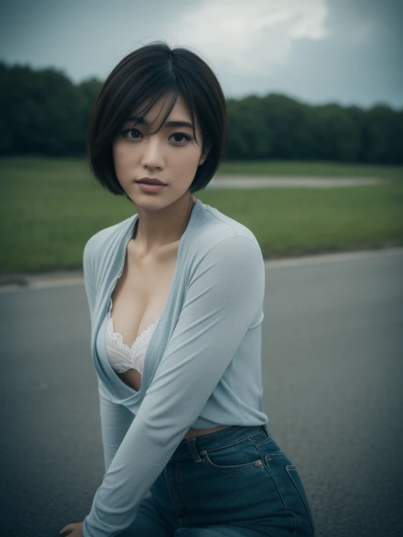 1 girl,Very beautiful 30 year old Japanese woman、very short hair、vision、cleavage、Wind、Dark cloudy sky、body like a model、 outside、shirt、open your legs、High level image quality、best image quality、look at the camera、focus on the eyes、boldness、blade runner、looking from below、thighs、butt、