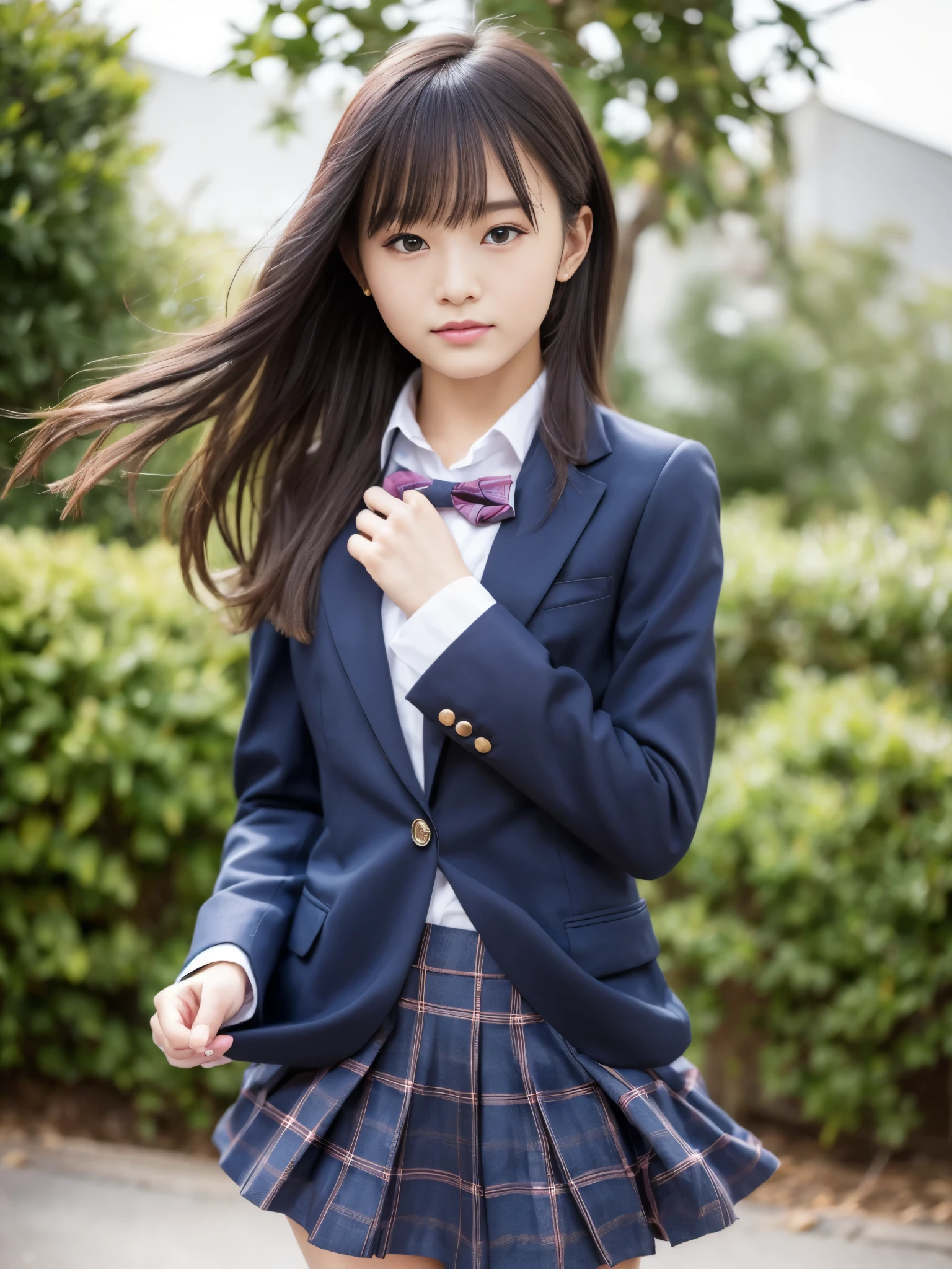 
(masterpiece, highest quality:1.4), award-winning portraits, 8K, 85mm, alone, beautiful face, delicate girl, , (dark navy blazer jacket), dark navy skirt, long sleeve, violaces, gardenia, grace, Sophisticated, cute, teen, looking at the viewer, 15 years old, Raw photo, disorganized, HDR, sharp focus, A bow tie, background bokeh、(((flat 、thin and delicate body、A childish atmosphere)))、Her shiny semi-long hair is tied up、hair swaying in the wind、Mole on the left cheek、large, round, dark blue eyes、full body、random pose、Run、sprinting、Skirt fluttering in the wind、Junior idol、Nogizaka Idol、widening skirt、jump、mole under eye、sexy