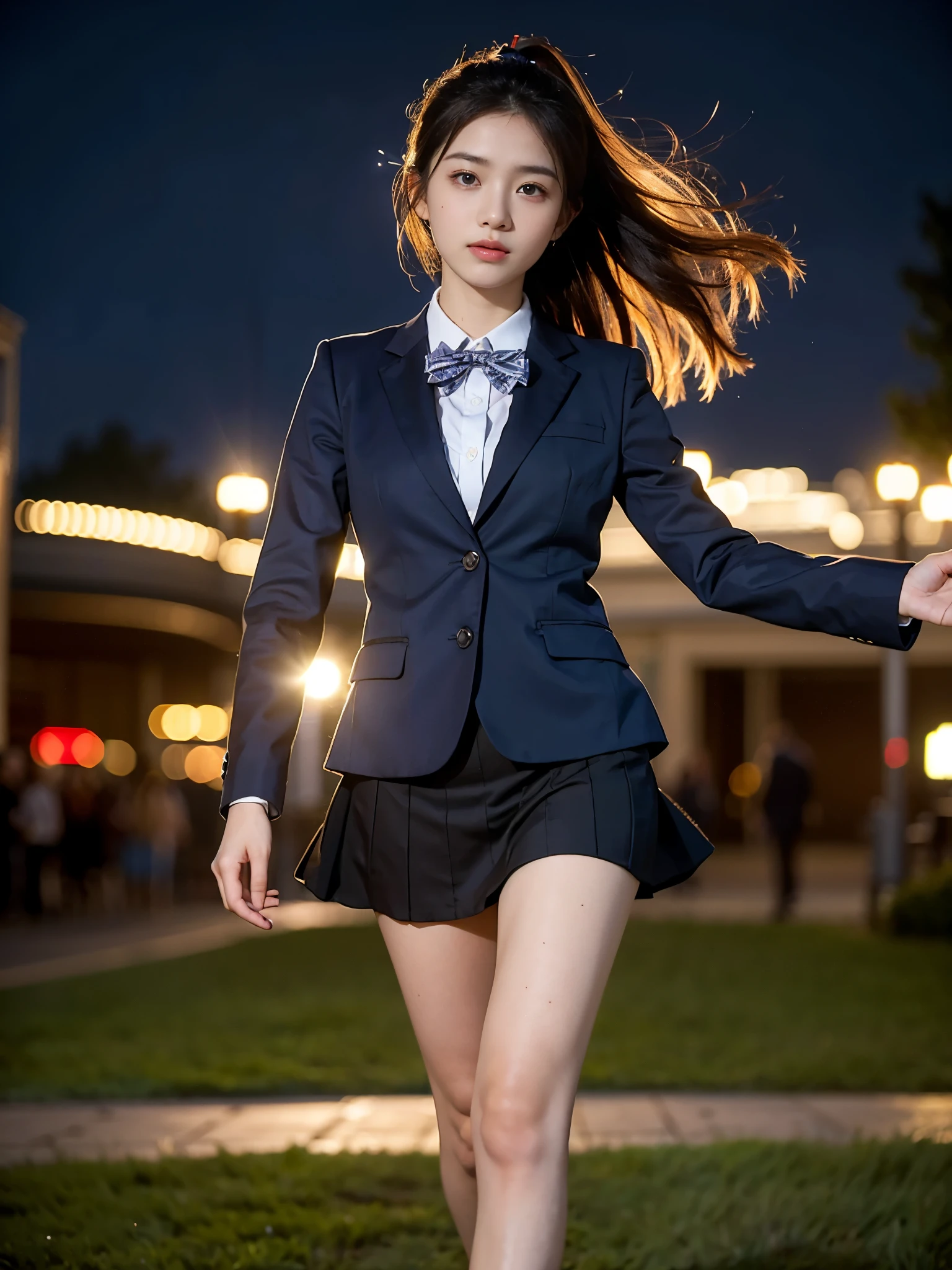 (masterpiece, highest quality:1.4), award-winning portraits, 8K, 85mm, alone, beautiful face, delicate girl, , (dark navy blazer jacket, turn your arms behind your back, close your face:1.2), dark navy skirt, long sleeve, violaces, gardenia, grace, Sophisticated, cute, teen, looking at the viewer, 15 years old, Raw photo, disorganized, HDR, sharp focus, A bow tie, background bokeh、(((flat 、thin and delicate body、A childish atmosphere)))、shiny semi-long hair、ponytail、Mole on the left cheek、large, round, dark blue eyes、(knee shot)、the skirt is swaying in the wind、((Uplifting、come running to me、hair waving in the wind))、