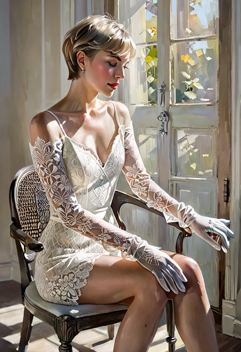  una hermosa chica con el pelo corto y liso, Agotador (Guantes de encaje) en sus manos, sentado en una silla, iluminación natural, luz de sol, desvelando la luminosidad interior, encarnación de la calma y la tranquilidad, paz interior reflejada a través de sus ojos, serenidad se encuentra con la belleza, elegancia en la sencillez, revelación de la armonía interior, Iluminación suave y delicada, sutil juego de sombras y luces, Líneas finas y detalles intrincados, figuras clásicas, Joyería moderna, pintura al óleo, pintura digital