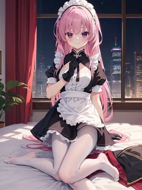 Chinese architecture,night chinese background， solo，a girl，170cm height，25CM bust，pink hair，maid outfit，white underwear，night，ge...