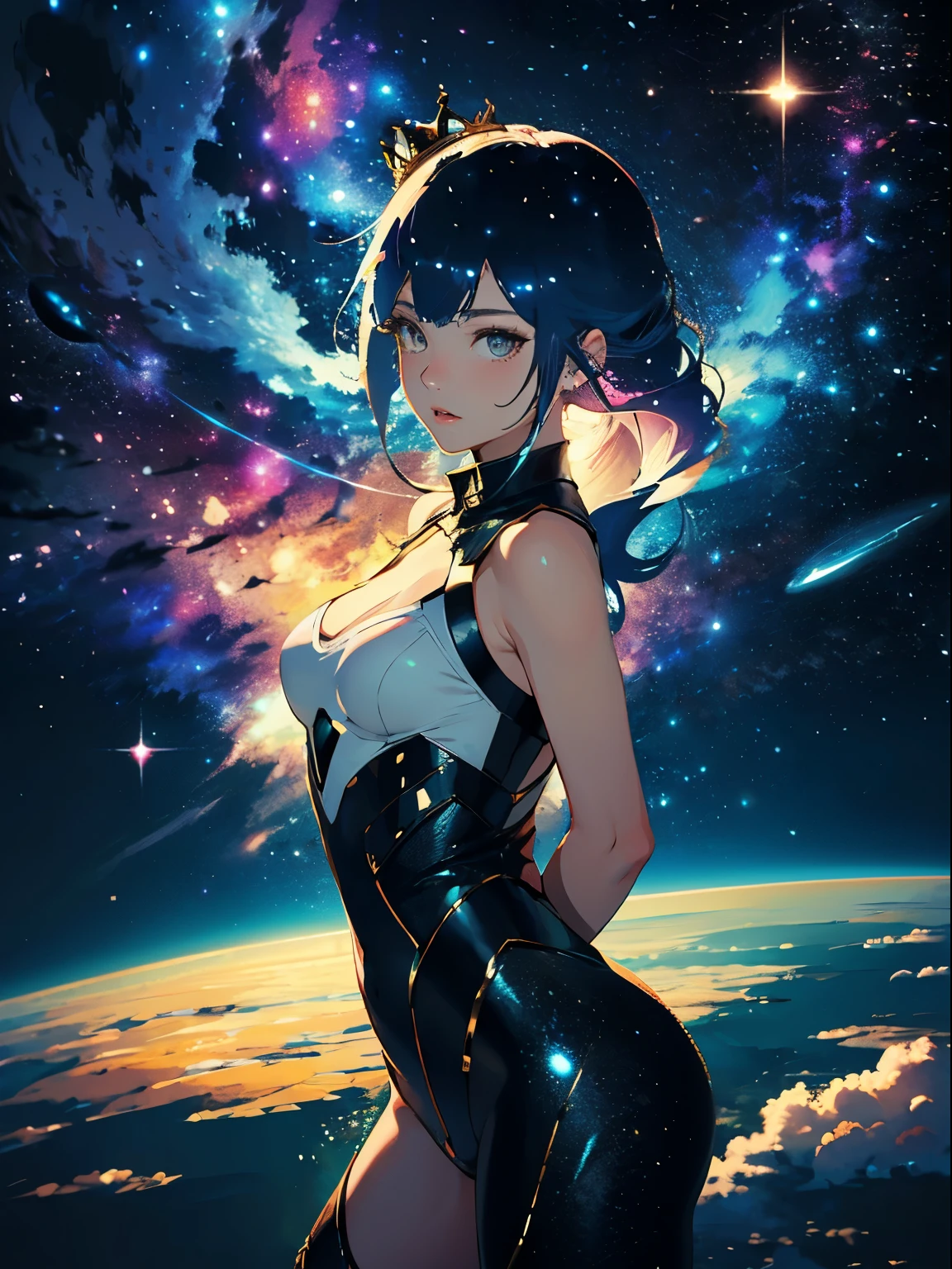 high quality, 最high quality, masterpiece, Detailed portrait of a woman 1, long hair, (floating, space, Milky Way, colorful), warm lighting, 女god, Milky Way, scenery, crown, {{{最high quality}}}, {{Super detailed}}, {figure}, cinematic angle, {detailed light},cinematic lighting, heavenly, dynamic pose,Space Woman God,god々New