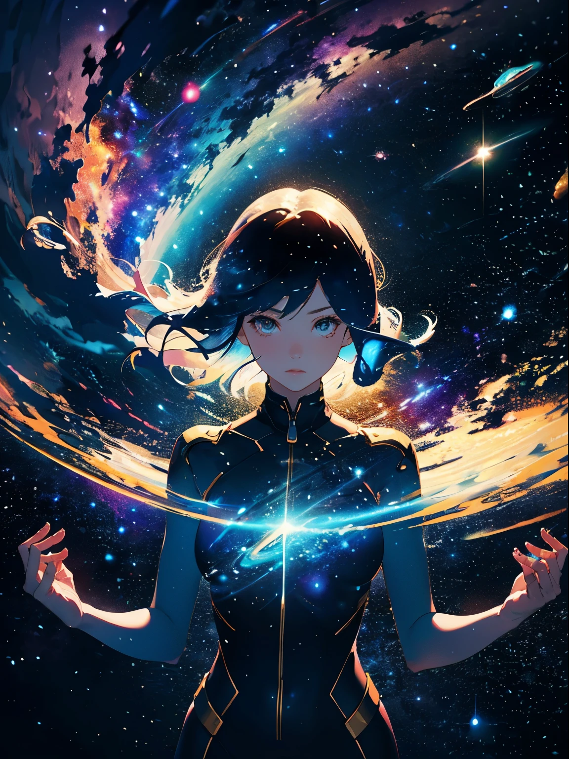 high quality, 最high quality, masterpiece, Detailed portrait of a woman 1, long hair, (floating, space, Milky Way, colorful), warm lighting, 女god, Milky Way, scenery, crown, {{{最high quality}}}, {{Super detailed}}, {figure}, cinematic angle, {detailed light},cinematic lighting, heavenly, dynamic pose,Space Woman God,god々New