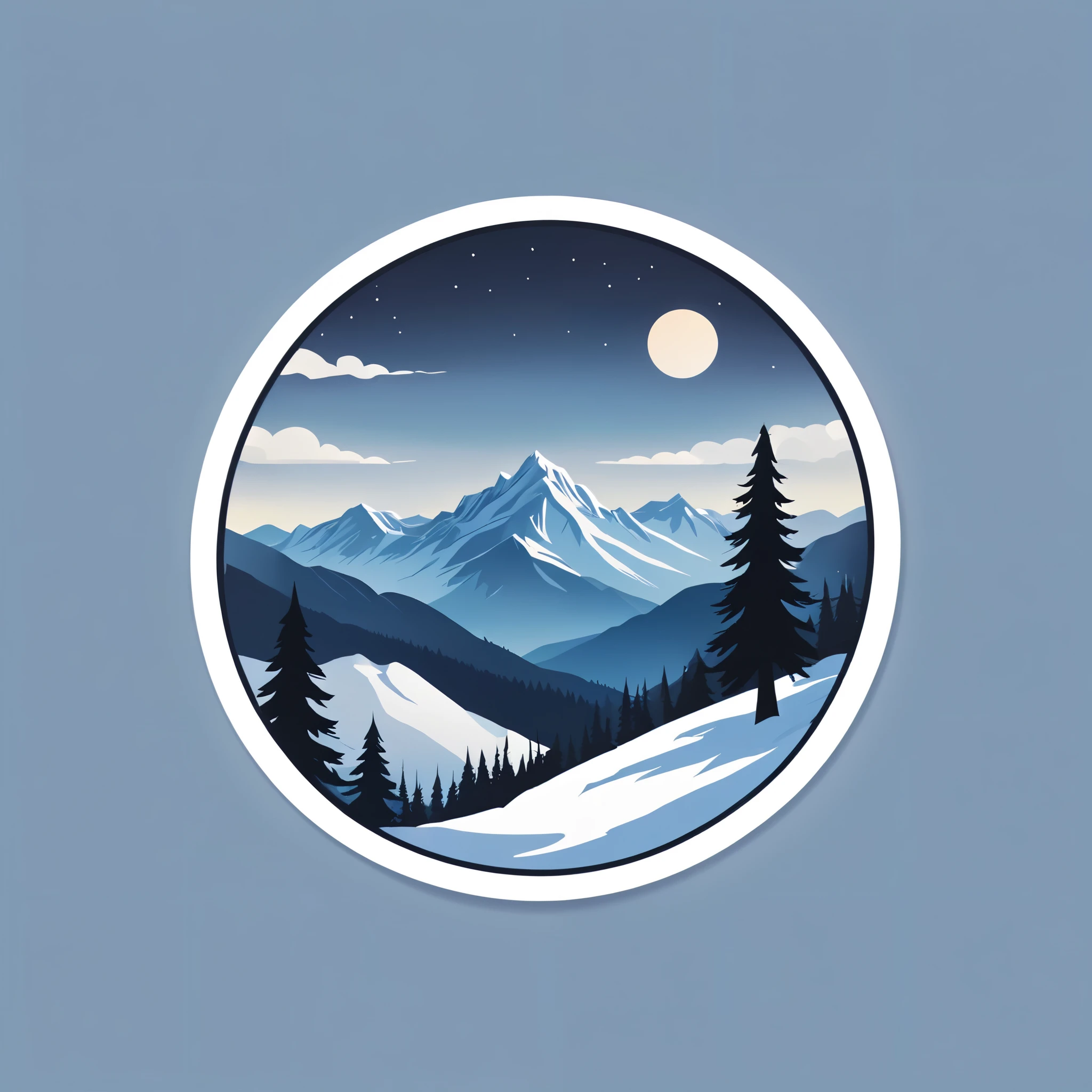 (pegatina),Fondo blanco,(en circulo), montaña de invierno con pino, ,Simple, ultra detallado, dibujo detallado, vectorizado, silueta, 8K, diseño de pegatinas profesional, Diseño plano, lineas vectoriales, pegatina, Full HD