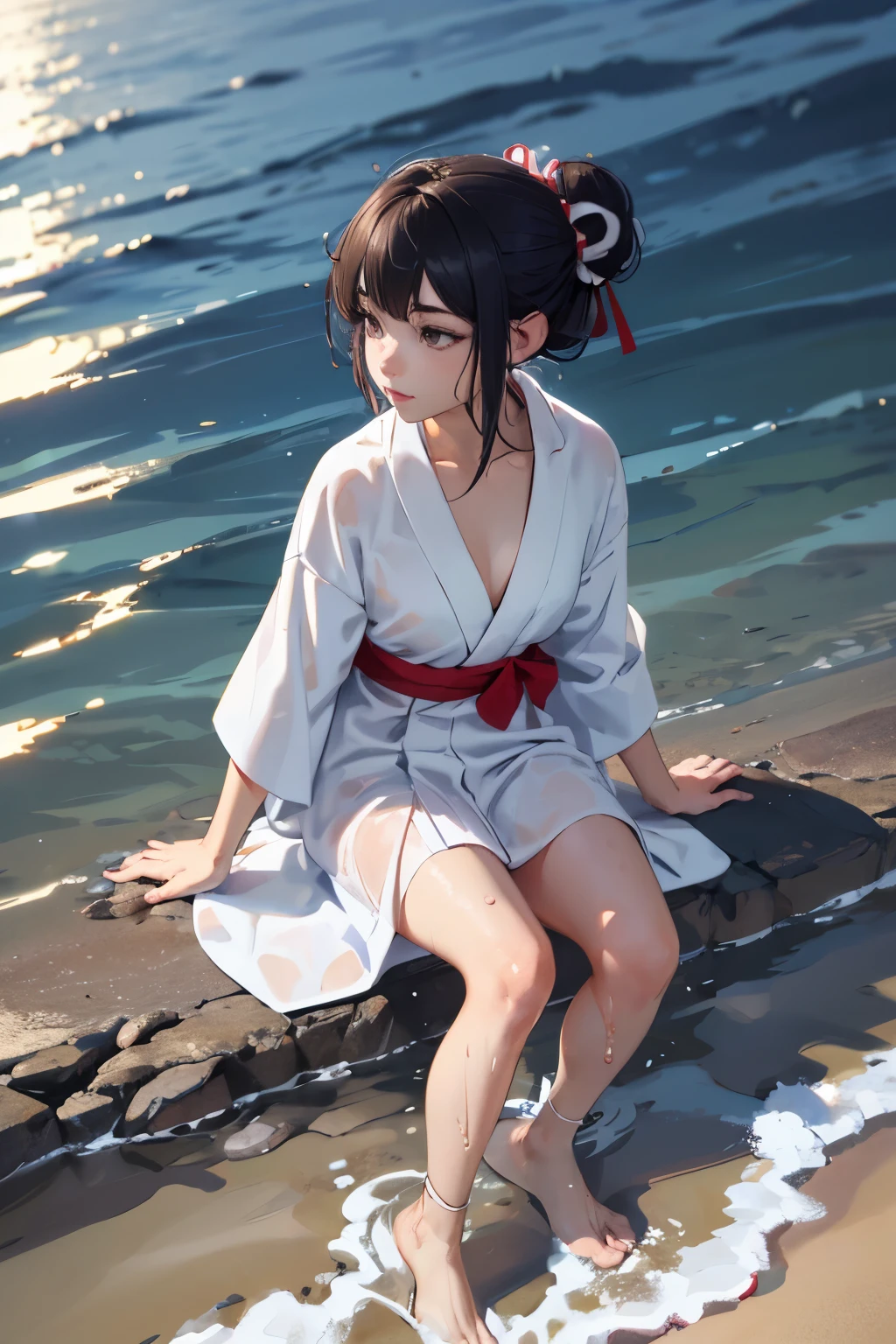 White mini yukata with red belt, moonlight reflecting on the sea, black hair in a bun and red ribbon, wet, masterpiece, quiet sea, solemn, mid-chest, sandy beach, bare feet, wiggling