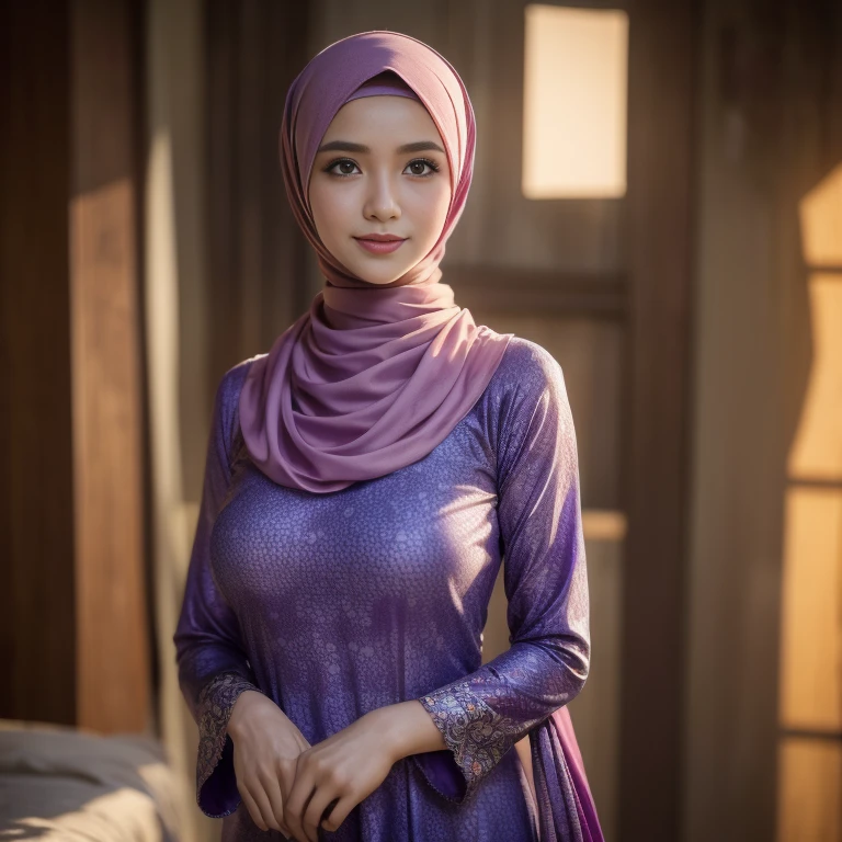 beautiful girl, wearing traditional baju kurung, ultra-detailed, detailed faces, detailed skins, 8k masterpieces, cinematic lighting, ((1girl)), ((solo)), firm push-up breasts, modest breasts, slim and slender body, long hijab, eid mubarak, in malay village, half body