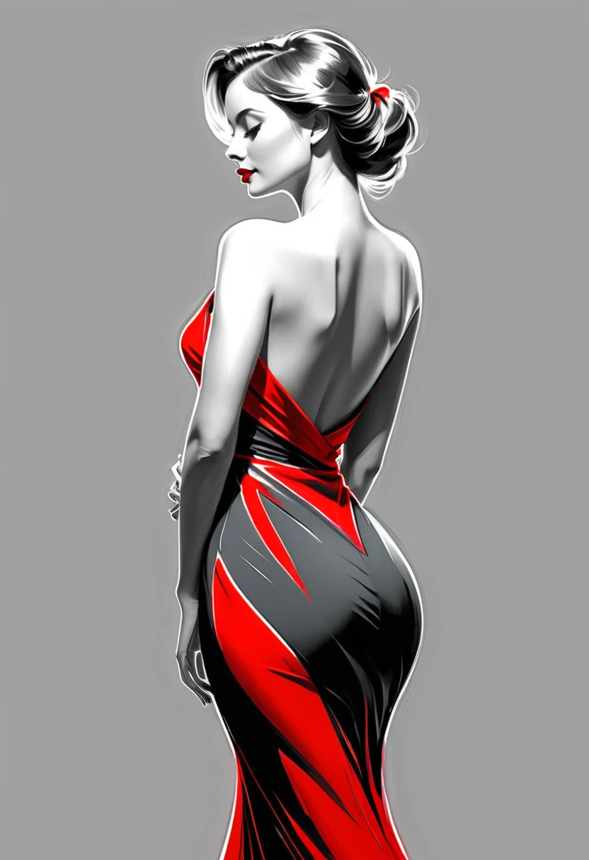 Pencil Sketch Drawing, line art drawing , a elegant beautiful woman, wearing tango dress,  (her silhouette outlined with glowing red). (style of Vladimir Volegov:1.1). (her silhouette contoured with glowing red). red white on grey color palette.
  professional, sleek, modern, minimalist, graphic, line art, vector graphics, black and white drawing, graphite drawing