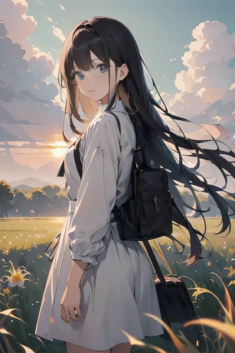 girl standing in the field, close, portrait, cloud, sunrise