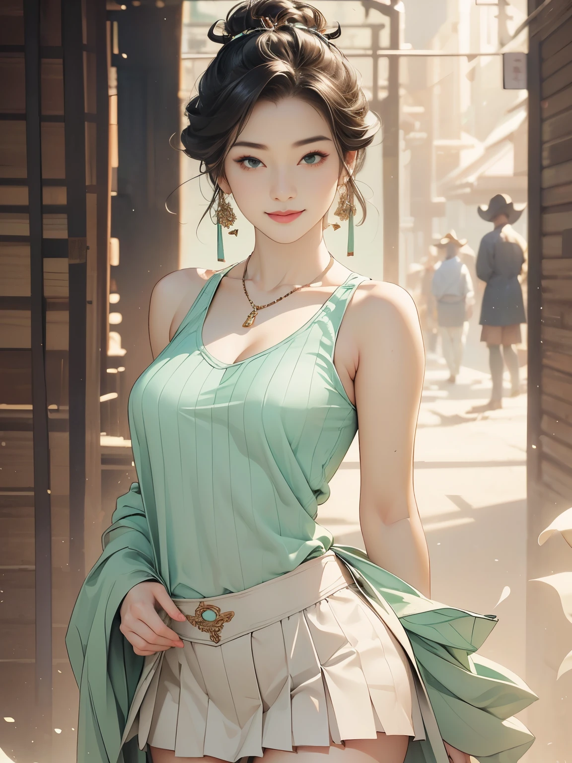 ((((highest quality))))、(((Ultra-precision CG16K wallpaper)))、(((masterpiece)))、(((Super detailed)))、(((super extreme details)))、１people&#39;s women、mature woman、24 year old woman、((Japanese face))、((very beautiful face))、((Zuo々Ki Nozomi:1.5))、((straight short bob hair:1.3、blunt bangs))、(shiny brown hair)、beautiful delicate eyes、brown eyes、raised eyebrows、high nose、small nostrils、small mouth、seductive lips、beautiful breasts、((C cup size breasts))、cleavage、plump body、(Chubby body type)、perfect proportions、perfect anatomy、perfect composition、beautiful detailed shading、beautiful natural lighting、beautiful detail glow、Depth of the bounds written、(((High chroma)))、(((real:1.9)))、((vivid:1.5))、((edge:1.6))、((beautiful skin))、((skin texture))、((Realistic skin feel))、(((thigh-high cowboy shot:1.5)))、((Angle seen from the front:1.5))、((shy smile:1.5))、(Eyes looking at me:1.5)、Bright daylight、Natural light、(((park square:1.3)))、(standing pose:1.5)、(((Mint green color ribbed tank top clothing、White pleated miniskirt clothing:1.6)))、((necklace、Wearing earrings:1.3))、