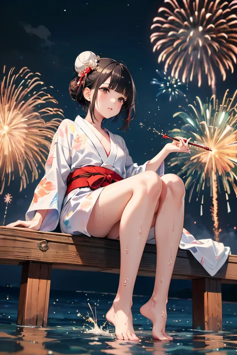 a short white yukata with a red obi, black hair in a bun and a red ribbon, a fireworks display in the background, a masterpiece,...