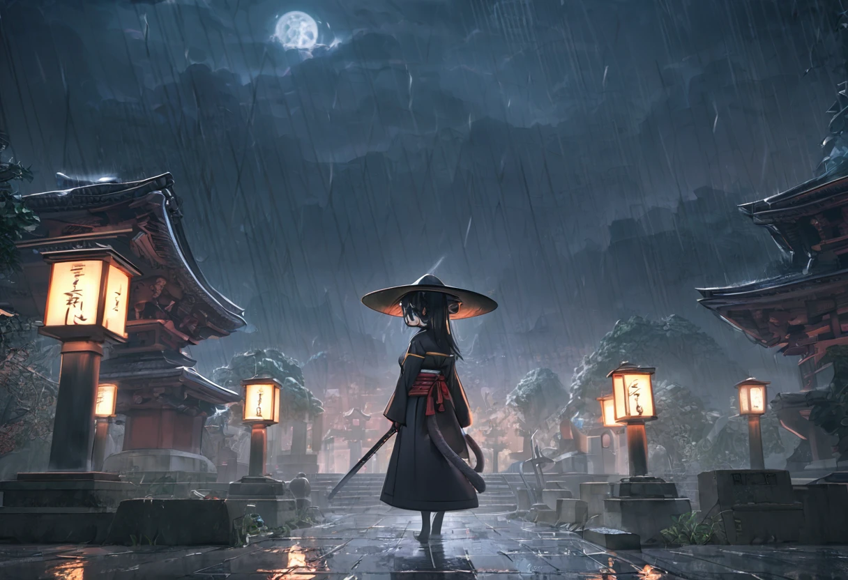 #Quality(8k,best quality,masterpiece,cinematic),solo,alone,#1 lady(cat,Rōnin uniform,Rōnin,ronin,wearing kasa hat,one katana ,eye color cosmic,big eyes,standing,full body:1.4, long shot,from side,big breast),#background(at japanese cemetery, raining,very dark),long shot,long view