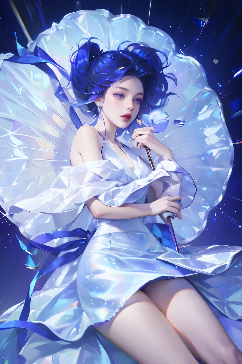 1 girl，clear water，blue butterfly，Pure white gauze skirt，sparkling，Upper body close-up
