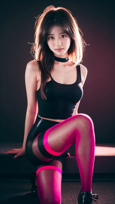 cute, woman, sexy face, bad eyes, gray hair, Because I&#39;m slender, sexy pose, pink tights, Mecha, neon sign, guided night tow...