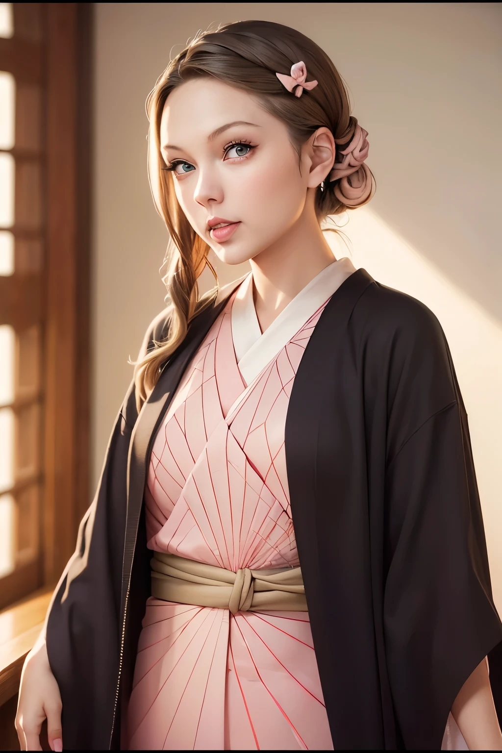 chef-d&#39;œuvre, (Photoréaliste:1.4), Meilleure qualité, bel éclairage,(Taylor Swift),NezukoDS, Japonais_vêtements, kimono, seulement, bambou, peu_gag, gag, rose_kimono, bâillonné, regarder_à_téléspectateur, front, photo brute, 8k euh, grain de film,