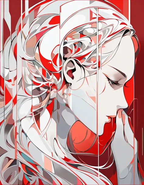 illustrate an elegant stunning beautiful woman's face in profile using sleek white lines on a red canvas