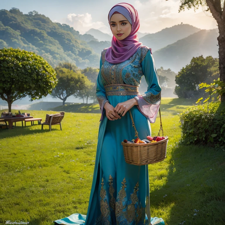 beautiful muslimah girl, wearing traditional baju kurung, ultra-detailed, detailed faces, detailed skins, 8k masterpieces, cinematic lighting, ((1girl)), ((solo)), firm push-up bosom, modest bosom, slim and slender body, long hijab, eid mubarak, in malay village, picnic in the meadow with a basket full of fruits and flowers