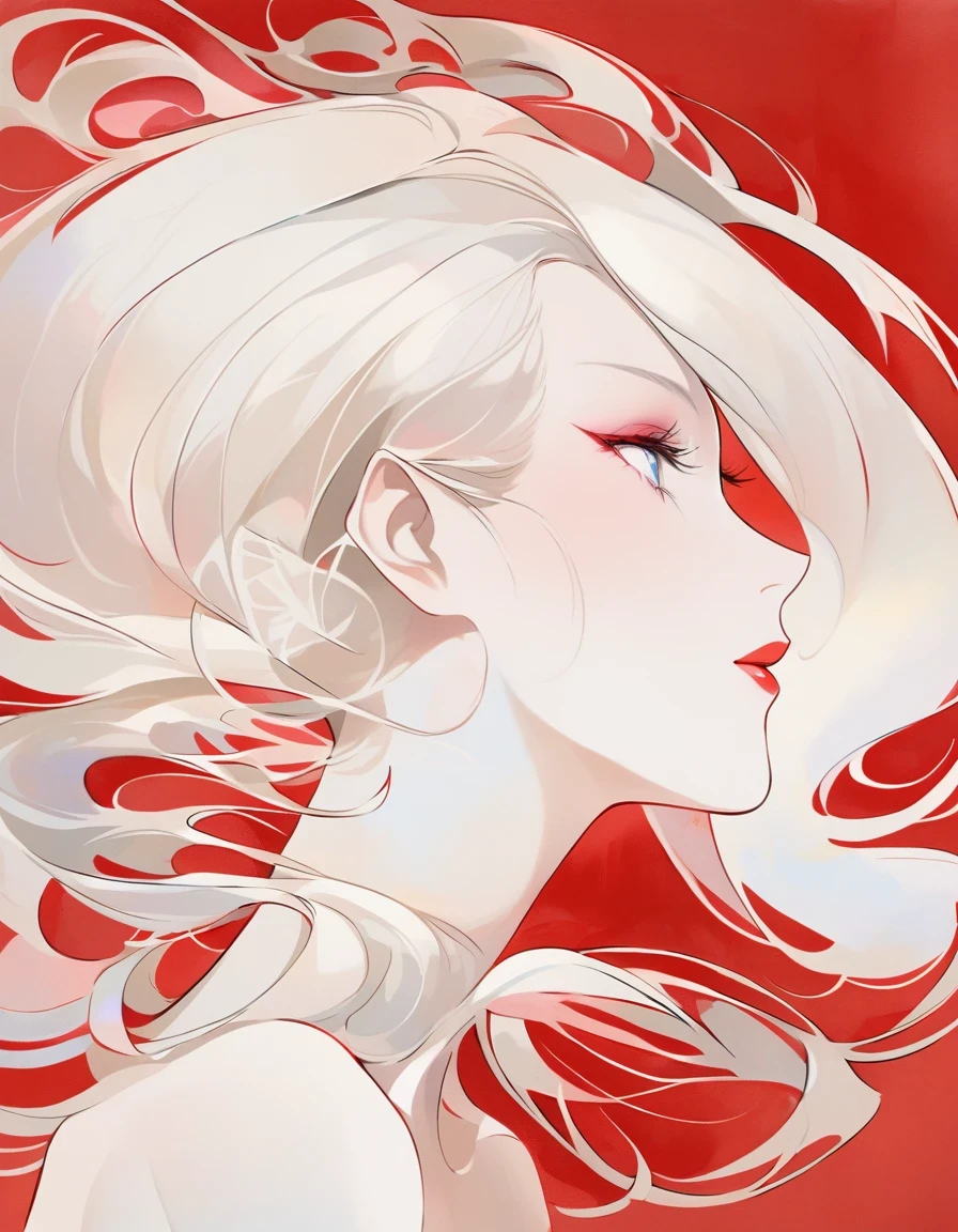 Illustrate an elegant stunning beautiful woman's face in profile using sleek white lines on a Red canvas 