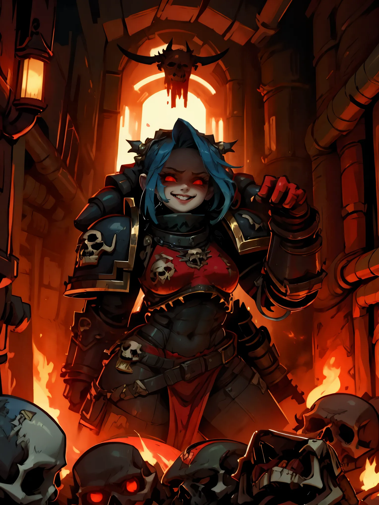 (Best Quality), (8K Resolution: 1.2)(Clear Focus 1:0), beautiful pretty cute small face, (1girl:1.3) SFW, young khornate berzerker covered in blood, blood on face, blood on armor, battlefield, pile of skulls, red glowing eyes, sadistic smile