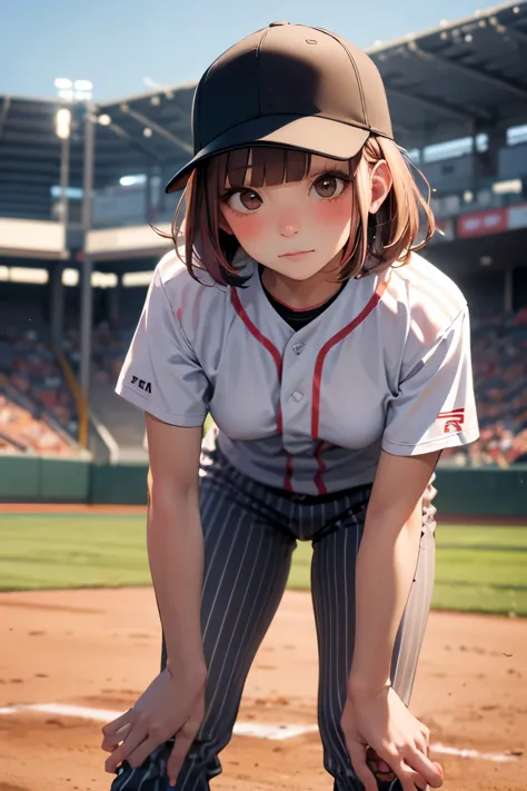 a female baseball player with a shy face looks at me, pink uniform with vertical stripes and pants with vertical stripes, uneven...