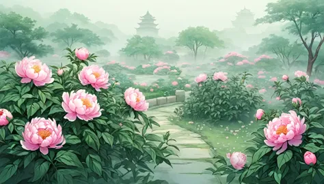 ancient china, peaceful, garden, a lot of peony flowers, spring, misty, no human, mint-color background