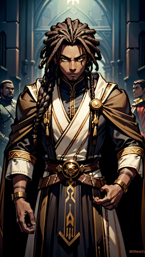 (Concept Art) of an (African-American) male, with dark black (dreadlocks), yellow eyes, dark (brown skin), (regal assassin), sit...