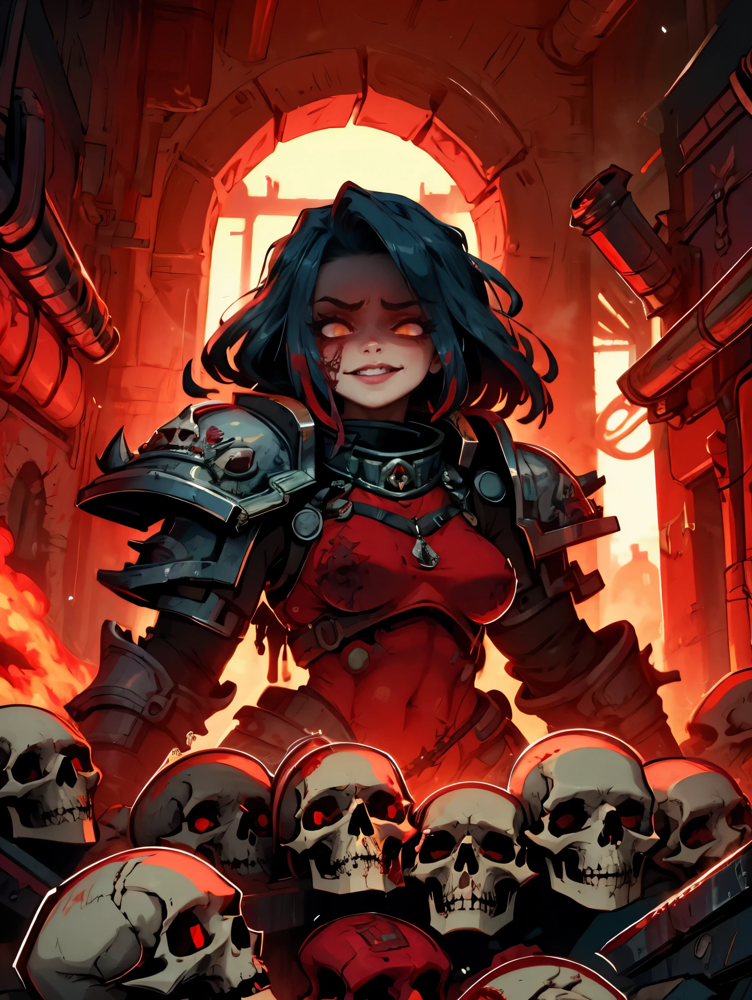 (Best Quality), (8K Resolution: 1.2)(Clear Focus 1:0), beautiful pretty cute small face, (1girl:1.3) SFW, young khornate berzerker covered in blood, blood on face, blood on armor, battlefield, pile of skulls, red glowing eyes, sadistic smile