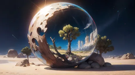 Arafad image of a tree inside a glass ball in desert landscape, tree of life inside the ball, Surrealist digital artwork, Surrea...
