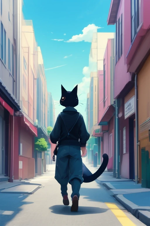 Un chat animé va en ville