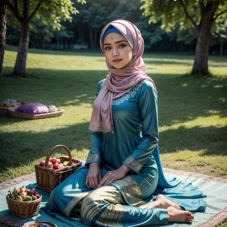 beautiful muslimah girl, wearing traditional baju kurung, ultra-detailed, detailed faces, detailed skins, 8k masterpieces, cinematic lighting, ((1girl)), ((solo)), firm push-up bosom, modest bosom, slim and slender body, long hijab, eid mubarak, in malay village, picnic in the meadow with a basket full of fruits and flowers