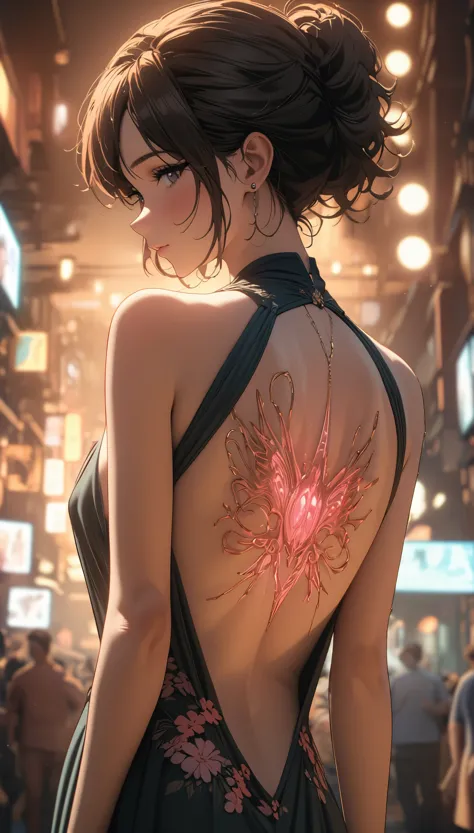 official art, unified 8k wallpaper, Super detailed, Beautiful and beautiful, masterpiece, best quality,Backless evening dress，Beauty close-up，Turn your back to me，Look back at me，Flower tattoo on back，Hojoji manga art style，Neon special effects，movie light...