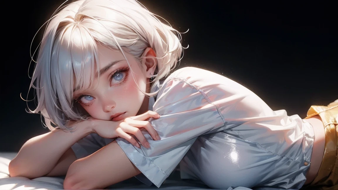 sweet expression, lying down, white glasses, short hair white hair, (8K, original photo, lifelike:1.25) ,( lip gloss, eyelash, shiny face, shiny skin, best quality, ultra high resolution , depth of field, Color difference, Caustics, wide light, natural shadow, K-pop idol) looking at the audience with calmness and goddess-like bliss, whole body, big breasts, white underwear, black, see through shirt, White shirt, secretary