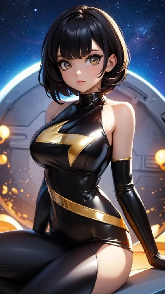 25-years-old black girl. very curvaceous and medium breast. gold eyes. Short hair and bangs in the front.wearing a sexy superhero jumpsuit with a very low v-neck and a star emblem on the chest. outer space with gold explosions and aura, sitting 