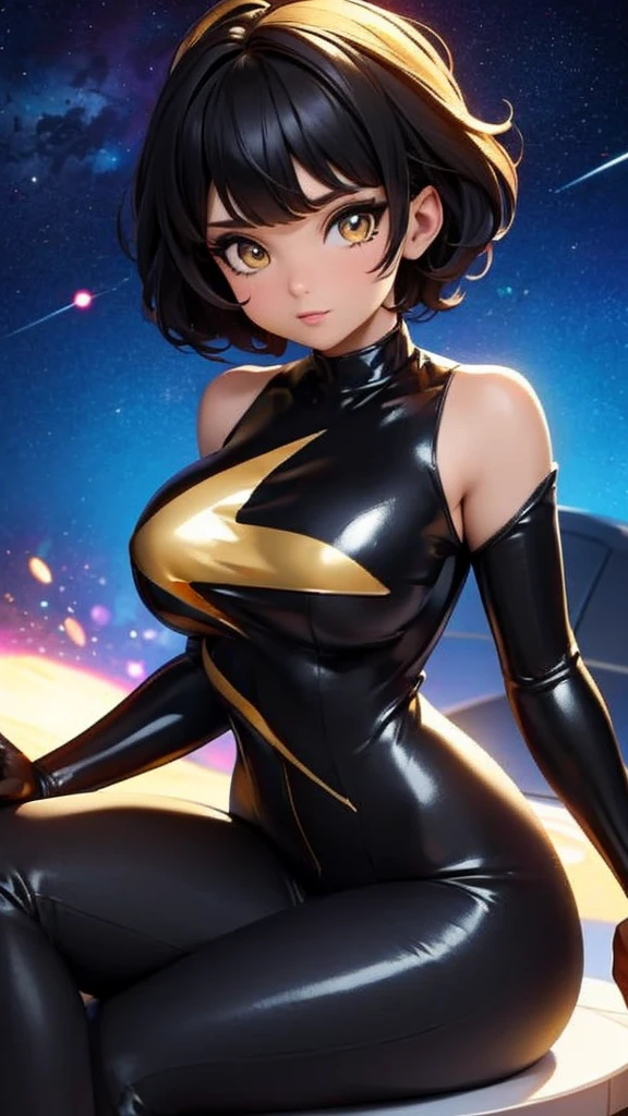 25-years-old black girl. very curvaceous and medium breast. gold eyes. Short hair and bangs in the front.wearing a sexy superhero jumpsuit with a very low v-neck and a star emblem on the chest. outer space with gold explosions and aura, sitting 