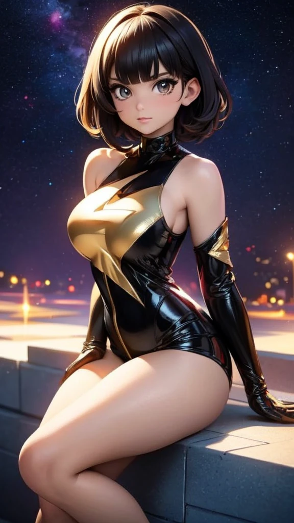 25-years-old black girl. very curvaceous and medium breast. gold eyes. Short hair and bangs in the front.wearing a sexy superhero jumpsuit with a very low v-neck and a star emblem on the chest. outer space with gold explosions and aura, sitting 