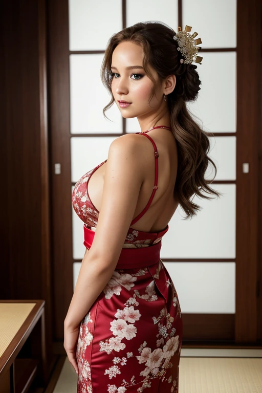 Jennifer Lawrence, 30 year old, Slim, hair falling in soft waves over her shoulders, stands confidently inside the lens of an F1.8 camera. Inside soft lit empty Japanese room. Her slender figure is accentuated by the ultra-detailed colorful kimono she wears, cleavage, large breasts, perky ass. Sexy Geisha. With a seductive glance over her shoulder, her full lips forming a subtle smile. Her frame is clad in stiletto heels. The high perspective of the shot, looking down on her, enhances the realism and intricacy of every detail, making her poise and beauty truly come alive. intricate details, highly detailed, sharp focus, detailed skin, realistic skin texture, texture, detailed eyes, high resolution, masterpiece, best quality, professional, 4k, extremely detailed, foto_\(ultra\), photorealistic, realistic, post-processing, maximum detail, roughness, real life, ultra realistic, photorealism, photography, 8k uhd, photography